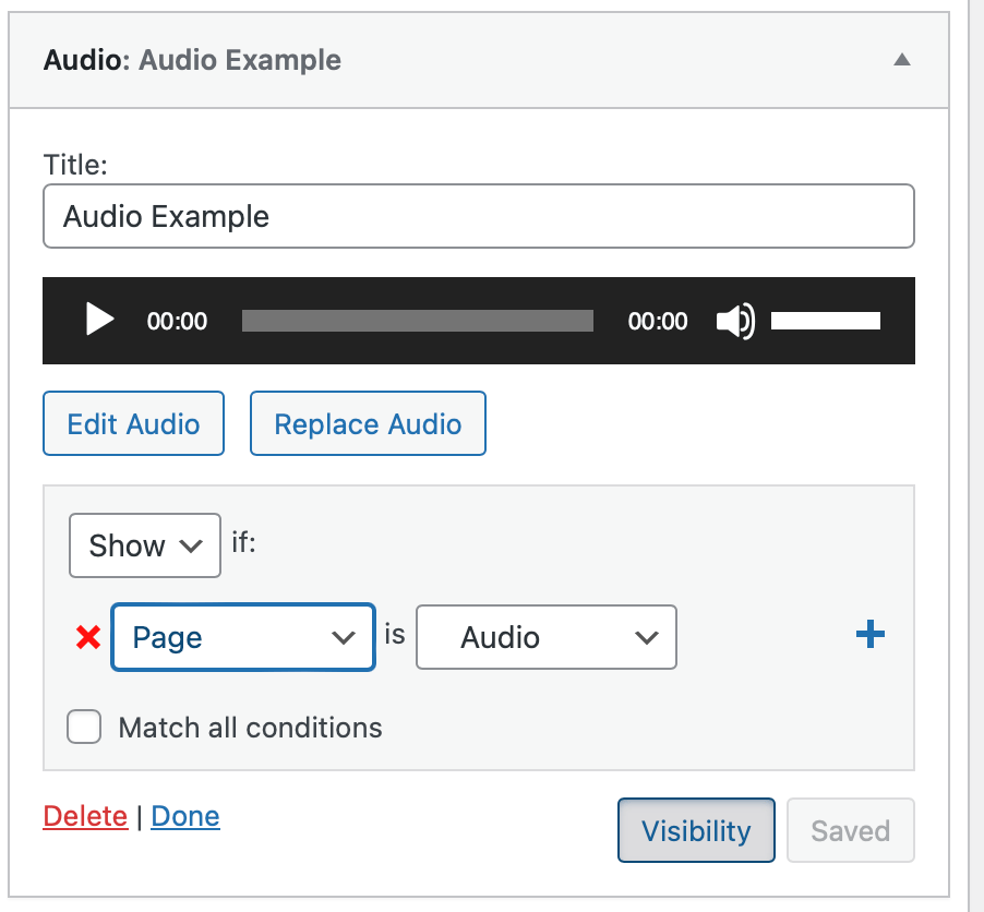 Screenshot of editing the audio Widget with Visibility section expanded.