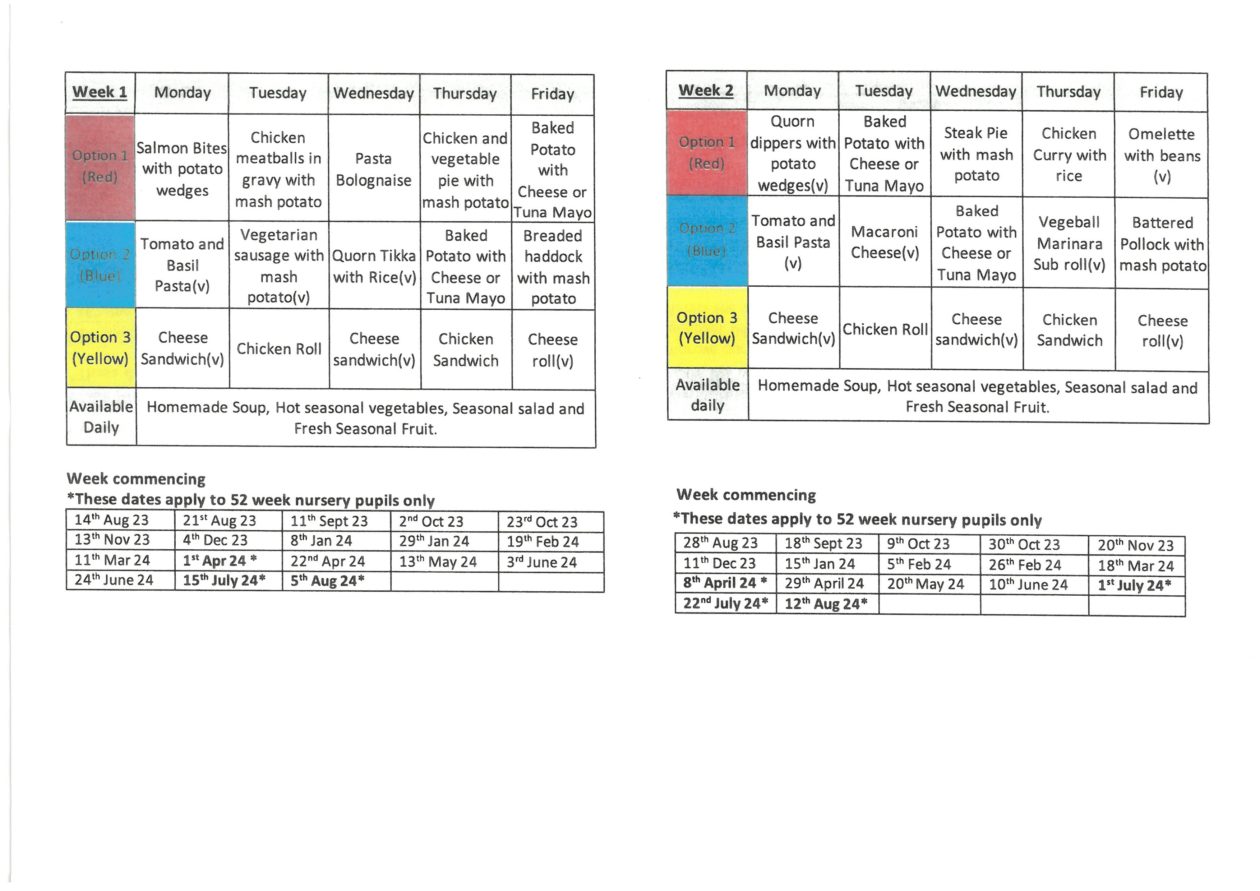 Nursery Menu | Aileymill Primary School and Nursery