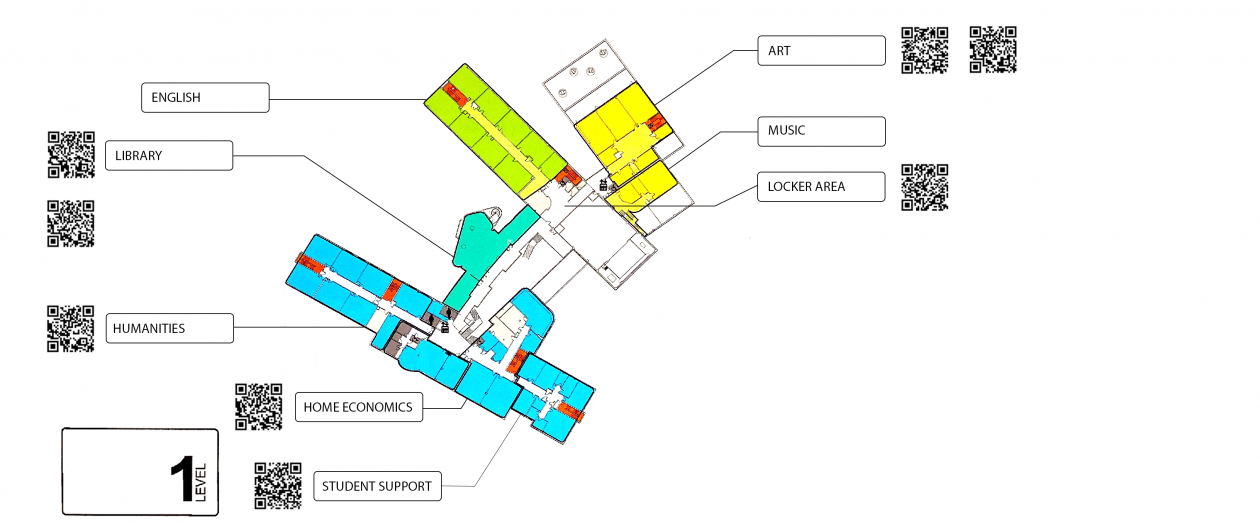 Map of clydeview Academy first floor with clickable QR codes linking to images of subject departments.