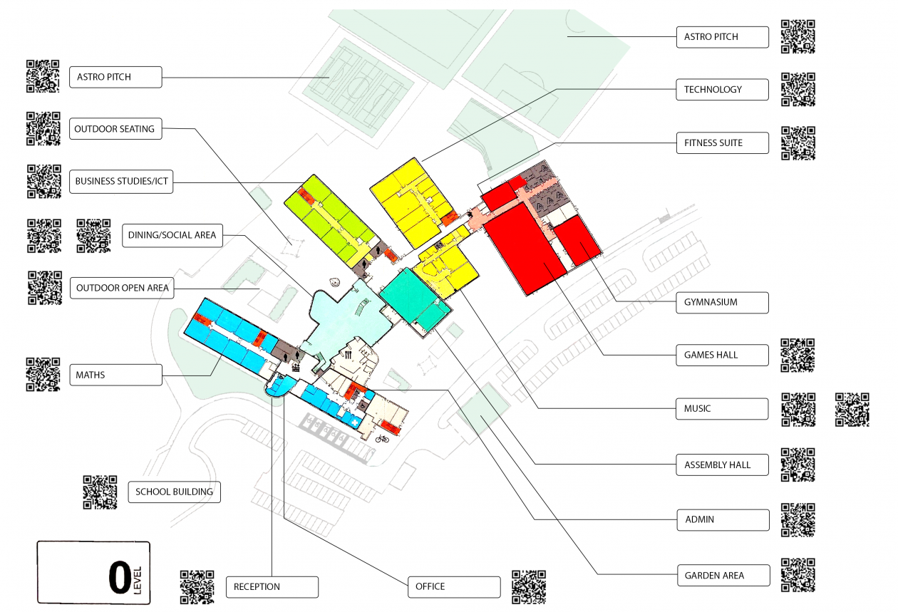 Map of clydeview Academy ground floor with clickable QR codes linking to images of subject departments.