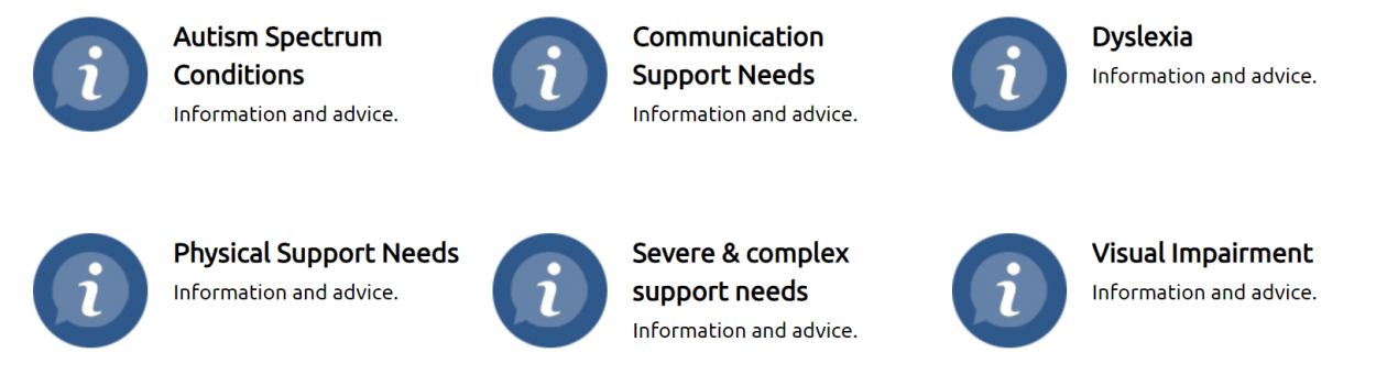 Overview of Support Needs that Call Scotland can advise on:
Autism Spectrum Disorders
Communication Support Needs
Dyslexia
Physical Support Needs
Severe and Complex Needs
Visual Impairment