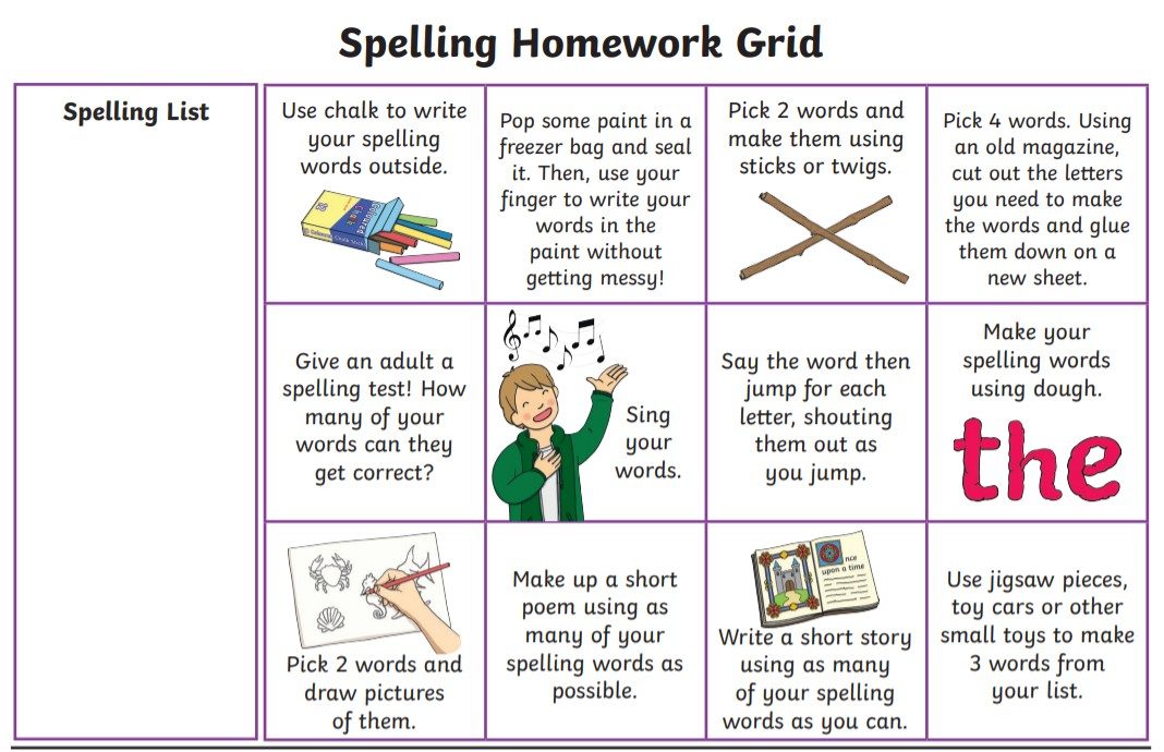 active spelling homework grid