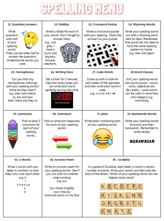 active spelling homework grid