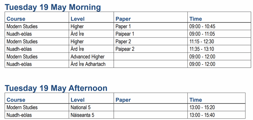 QS Exams – Tuesday 19 May