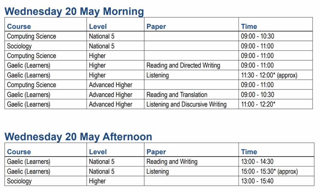 QS Exams – Wednesday 20 May