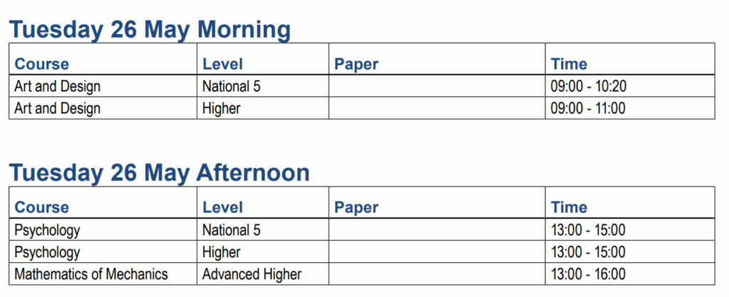 QS Exams – Tuesday 26 May