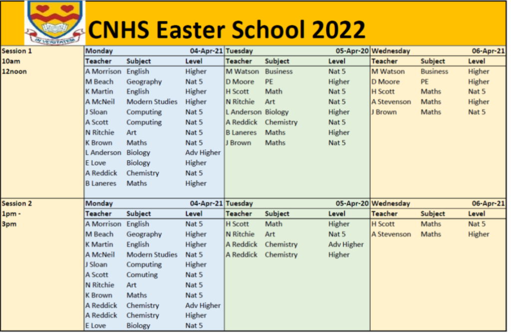 Easter School 2022 Timetable