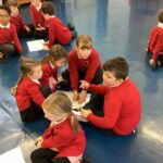 Groups of school children sitting on floor round a paper working together.