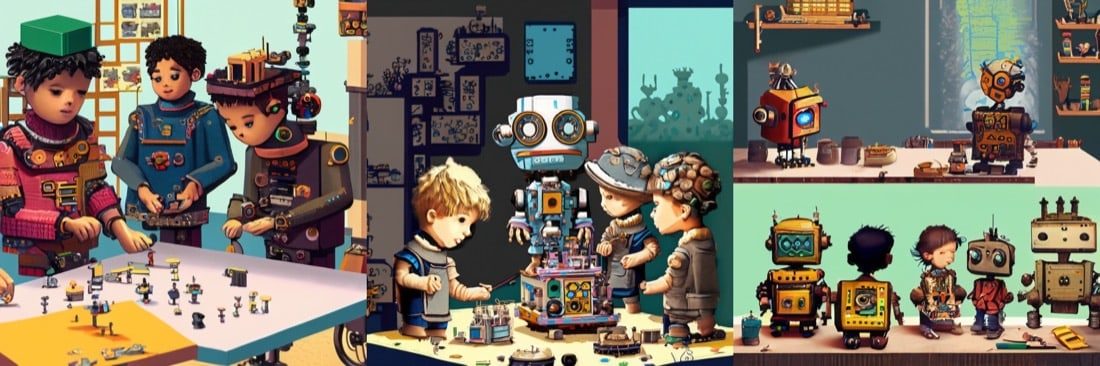 AI generated images of children working in steampunk workshop