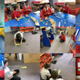 A montage of pupils working in a MakerSpace, elastic band cars.