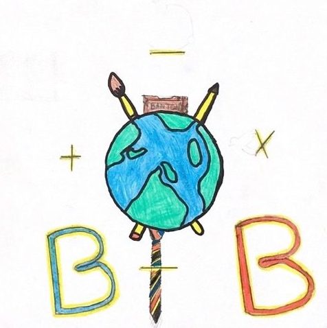 The new class logo. The world with crossed paint brush & pencils behind. The world is wearing a Banton tie. To big Letters Bs one each side of the tie.