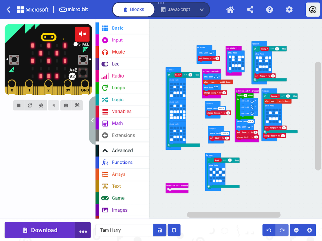 Screenshot of micro:bit code for virtual pet.