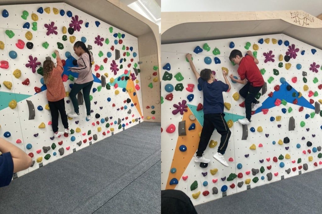 Children on climbing walls, montage of two photos