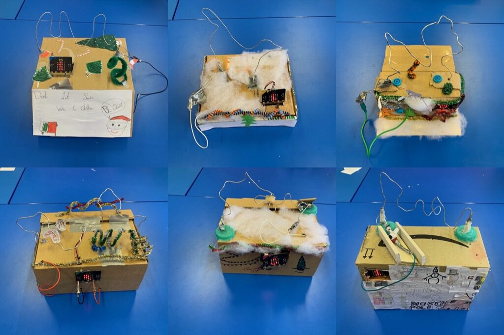 A montage of 6 'steady hand' games made by pupils. These consist of a cardboard box wire and a micro:bit. They are decorated.
