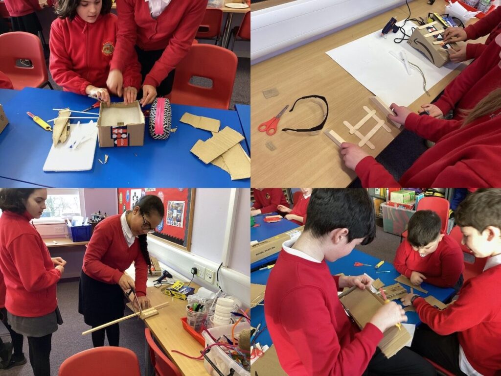Montagesof 4 photos of pupils working on makerspace task