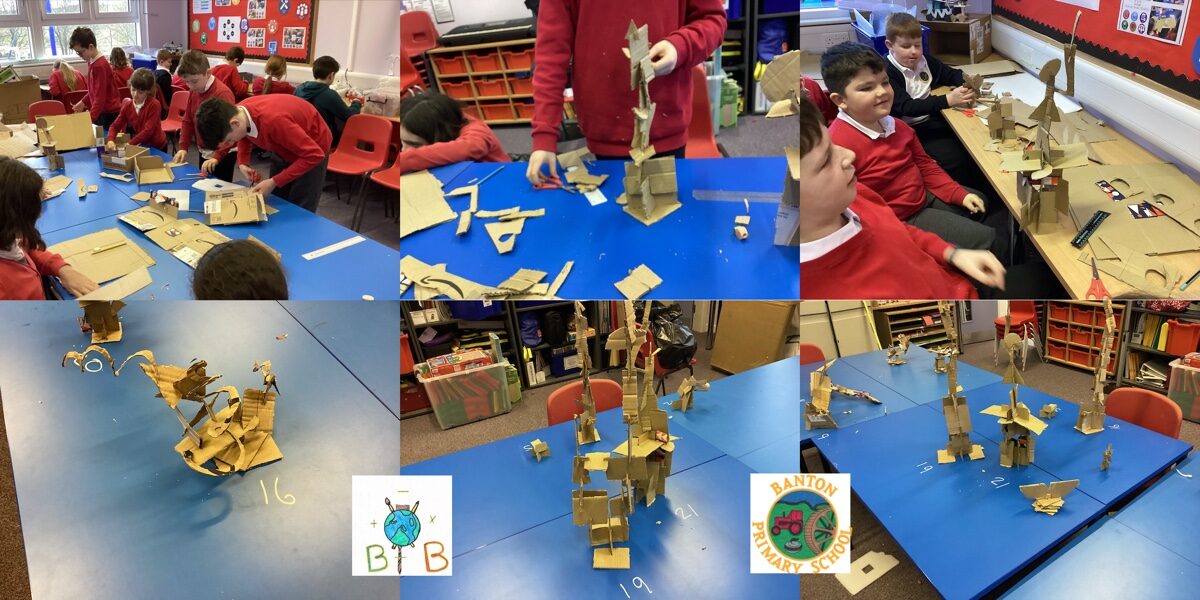 montage of 6 photos top row: children working on cardboard construction Botton row: cardboard sculptures produced.