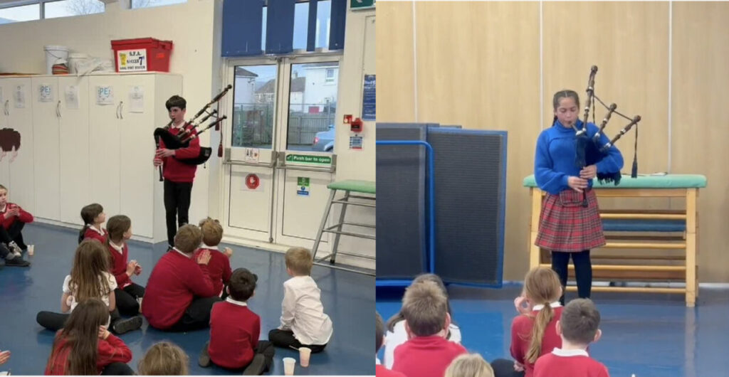 Montage of 2 pupils playing the bagpipes