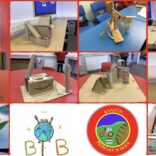 montage of cardboard buildings and school & class badges