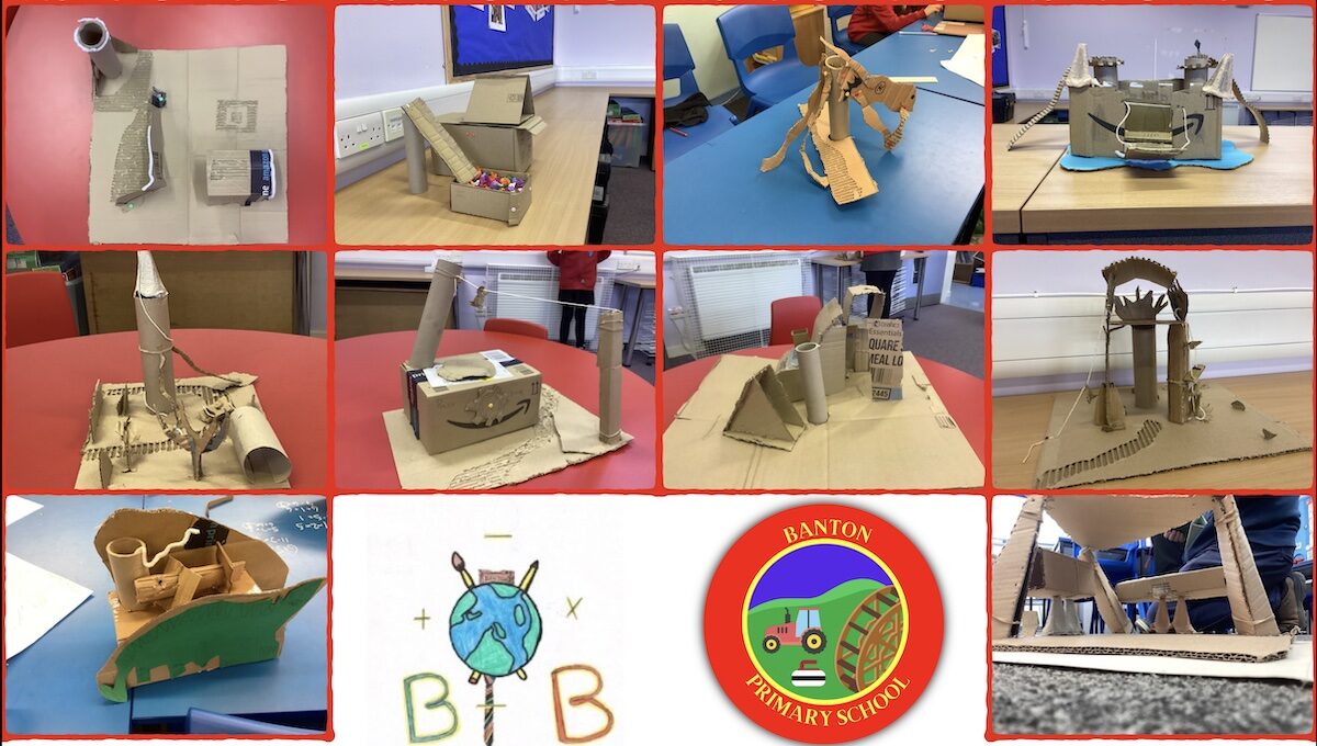 montage of cardboard buildings and school & class badges