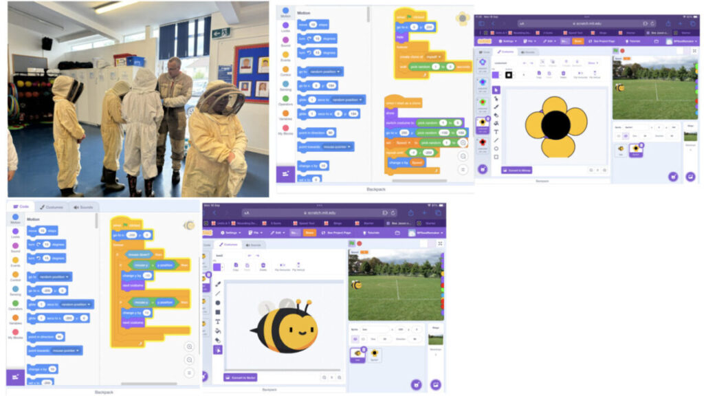 Screenshot of Scrach coding the bee game and some of pupils and teacher in Beekeeping suits