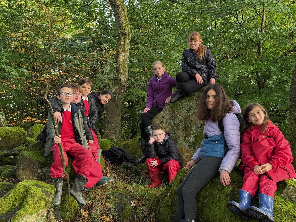 Children sitting on rocks in a wood, surrounded by oak trees