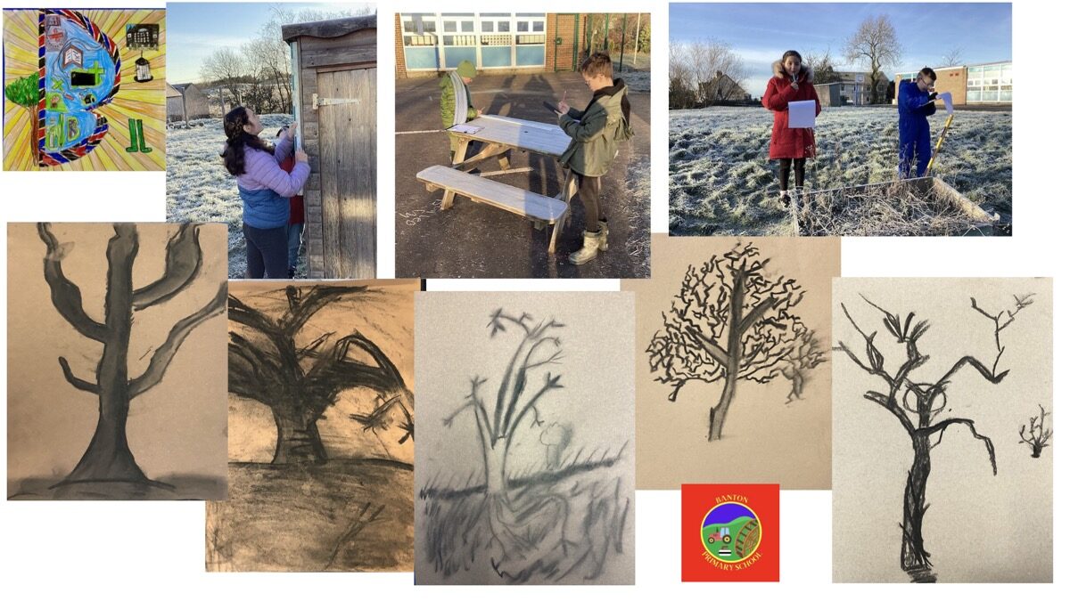 montage of children measuring in playground and some charcoal artwork