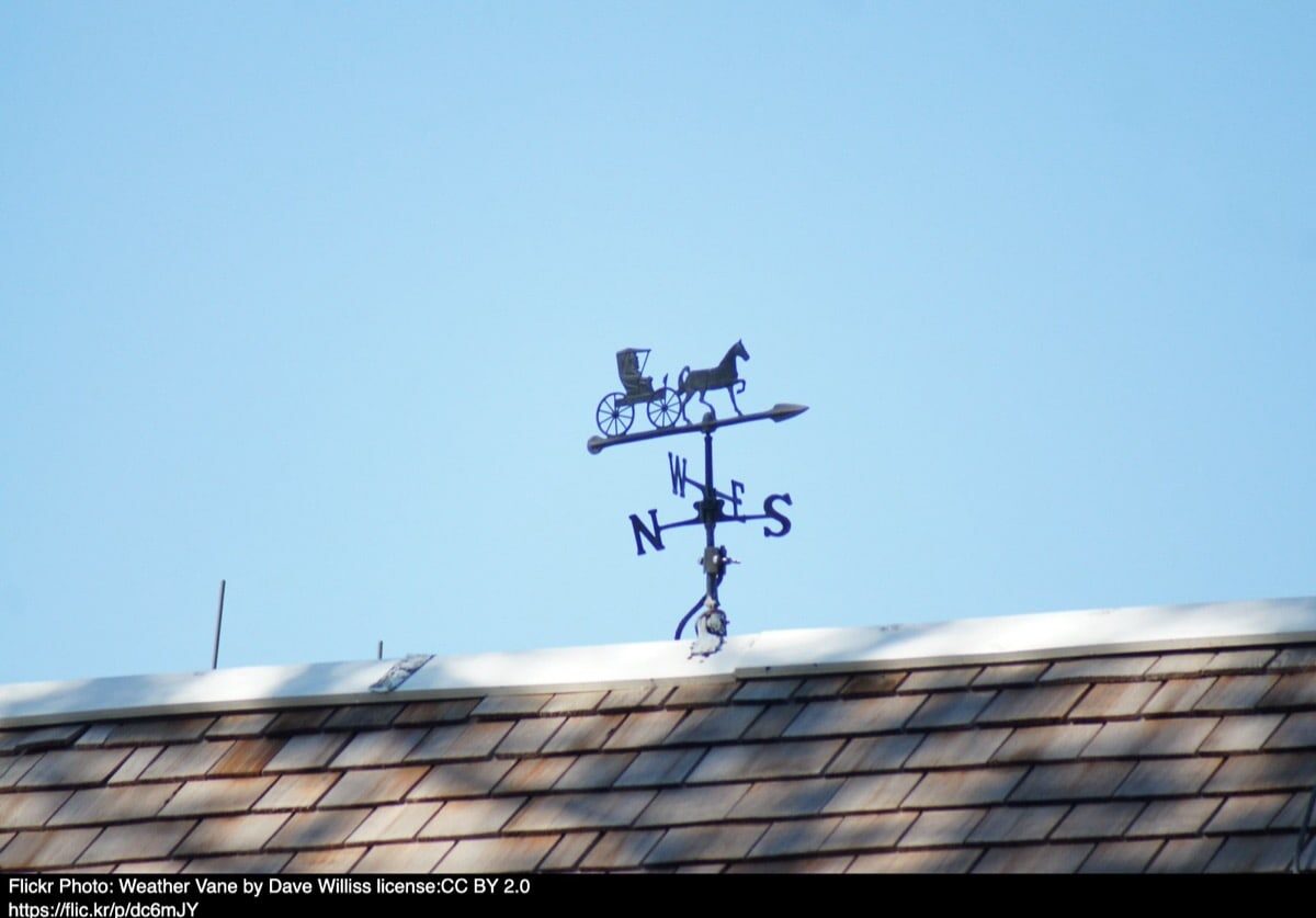 A weather vane on a snowy roof