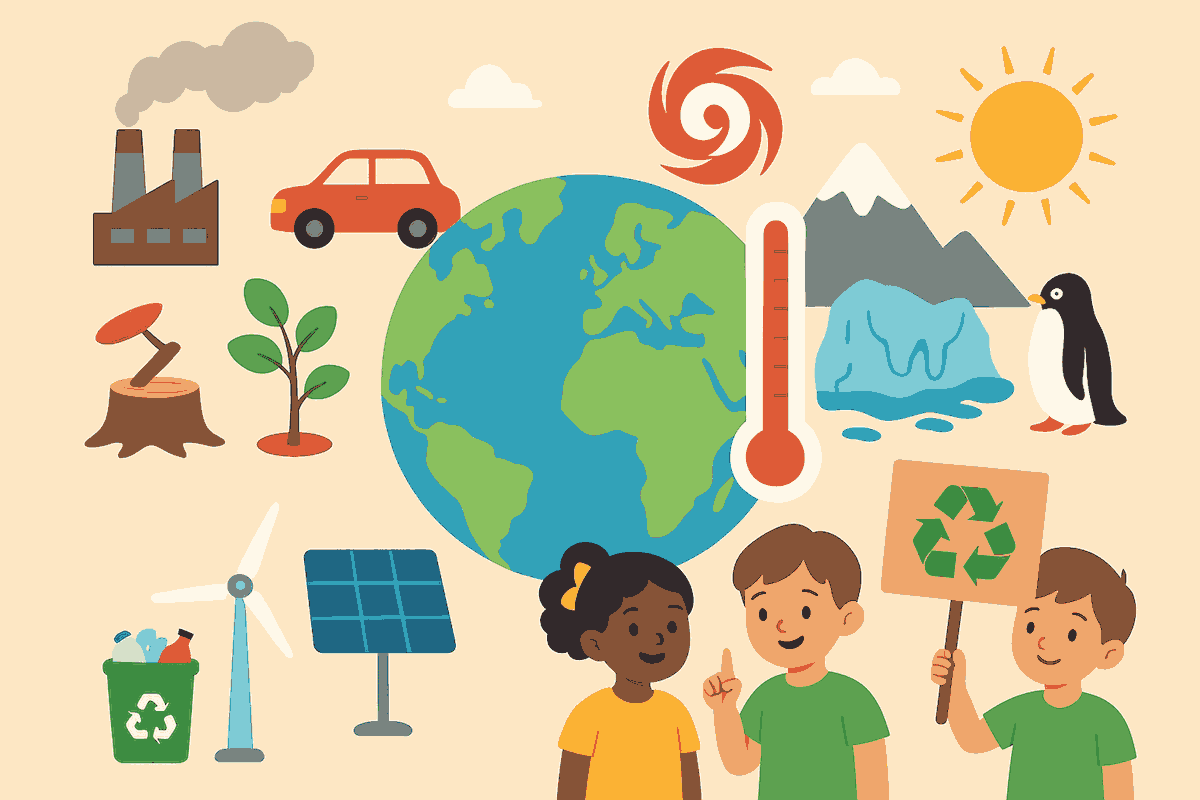 Illustration depicting environmental issues and solutions around a globe.