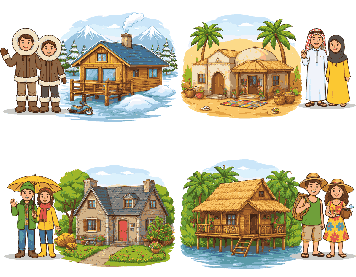 illustration of climate, houses & clothing