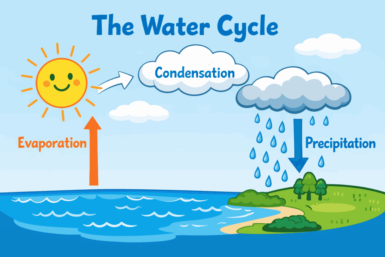 Simple graphic showing the water cycle. Lables: Evaporation, condensation, precipitation