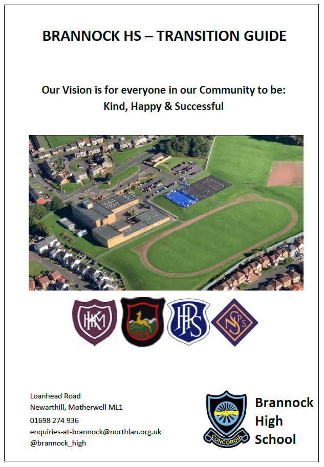 Front page of the school transition guide showing an aerial shot of Brannock High School, the school badges of our feeder primary schools and contact information for Brannock High School.