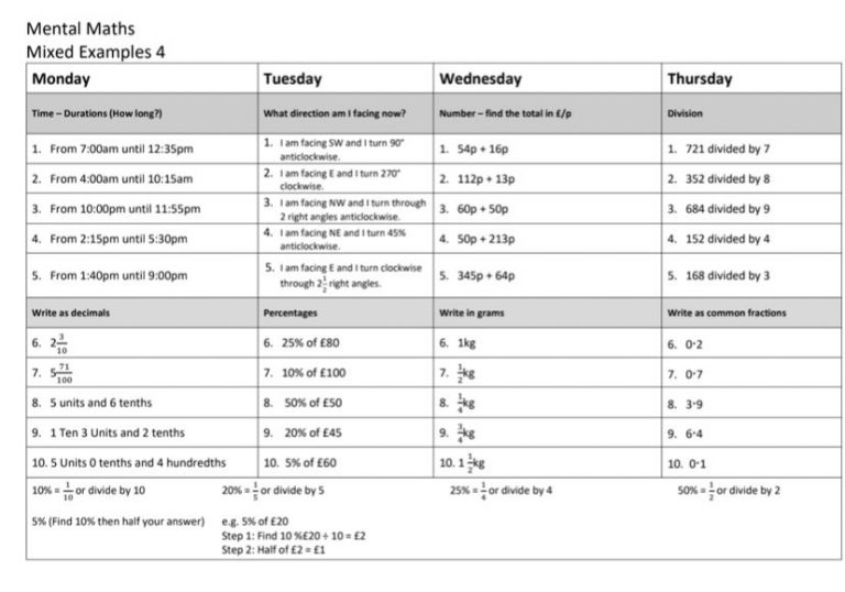 mental maths homework year 3