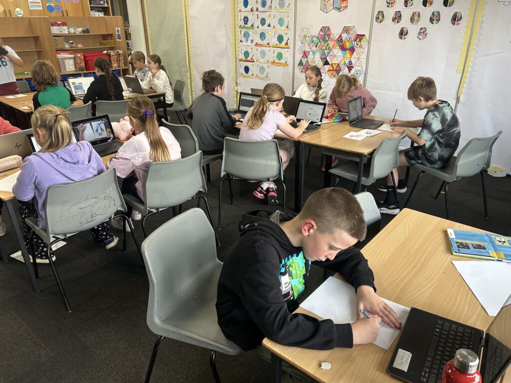 Primary 5 have been learning about endangered animals and the impact of climate change. They used laptops to explore images of endangered species as inspiration for their own drawings.