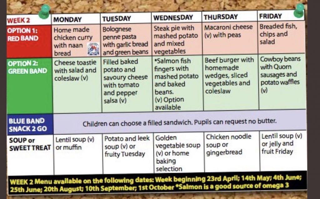 Lunch options week beginning 25.6.18