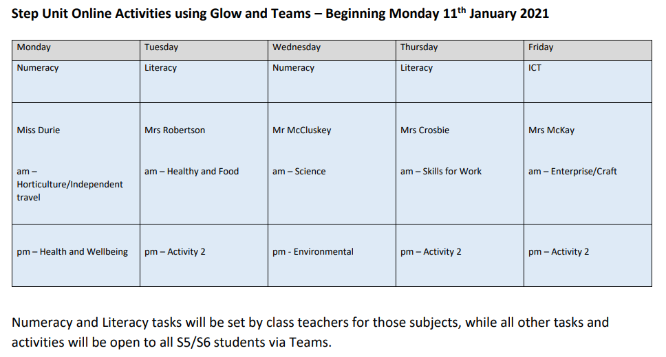 Step Unit Timetable for Online Learning | Mary Russell School