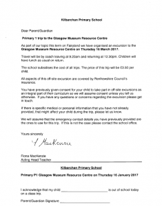 Primary 1 trip letter | Welcome to Kilbarchan Primary School