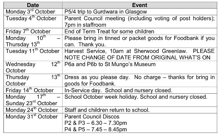 October Diary Dates