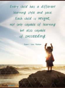 Poster showing a child standing on a rock looking out to sea, holding their arms aloft. Quote by Robert John Meehan: "Every child has a different learning style and pace. Each child is unique, not only capable of learning but also capable of succeeding."