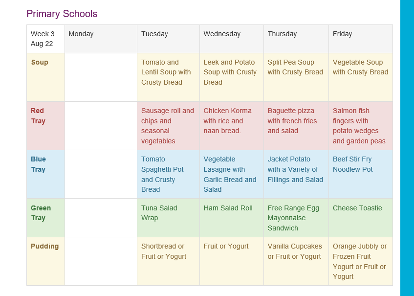 Lunch Menu Back To School Week Dunblane Primary School