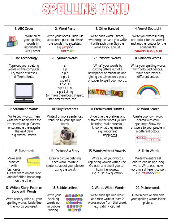 01 06 20 Spelling Menu Carmondean Primary School Blog